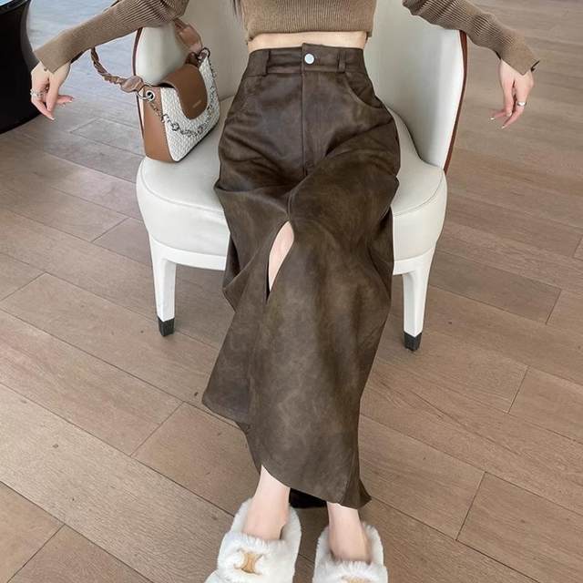 Slit mid-length leather short skirt high waist A-line skirt retro