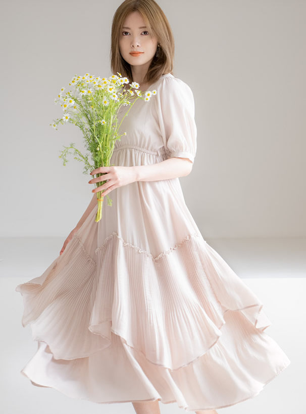 夏季日系grl白石麻衣小方领高腰荷叶边褶皱拼接仙气甜美连衣裙子