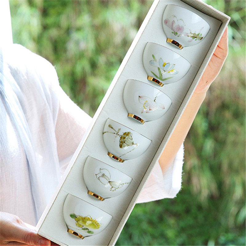 Jingdezhen single ceramic hand-painted tea cup home white porcelain tea set small tea cup 6 set cup kung fu tea