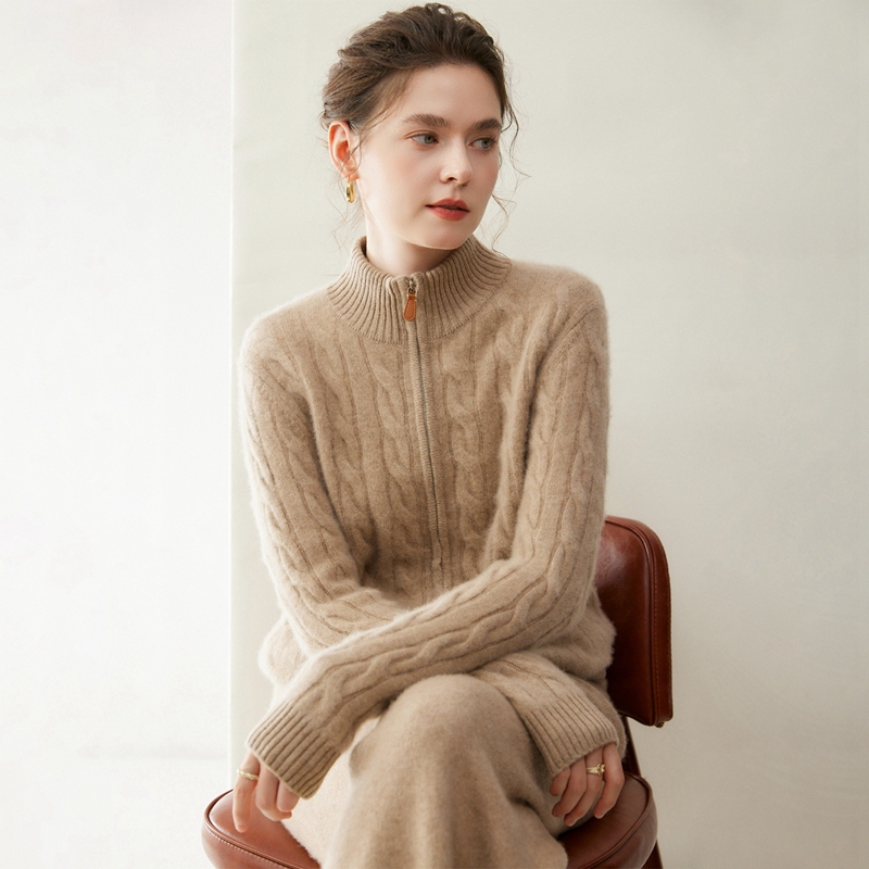 Twist Zipper 100% Pure Cashmere Cardigan for Women, Double-Layered Thick Turtleneck Sweater Coat, Wool Sweater Top