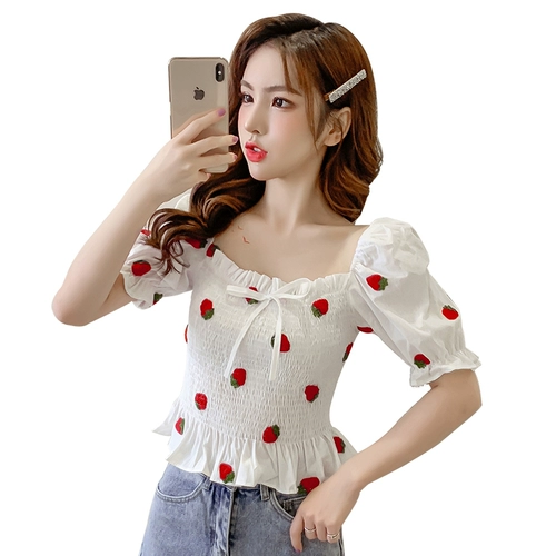 Милый свежий универсальный короткий корсет, клубника, рубашка, открытые плечи, коллекция 2021, в корейском стиле, с вышивкой