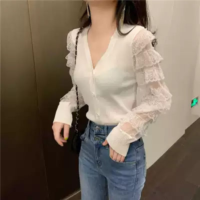 2021 Spring and Autumn New Korean Lace Splice Lantern Sleeve Knit Women's V Collar Single Breasted Long Sleeve Cardigan Top