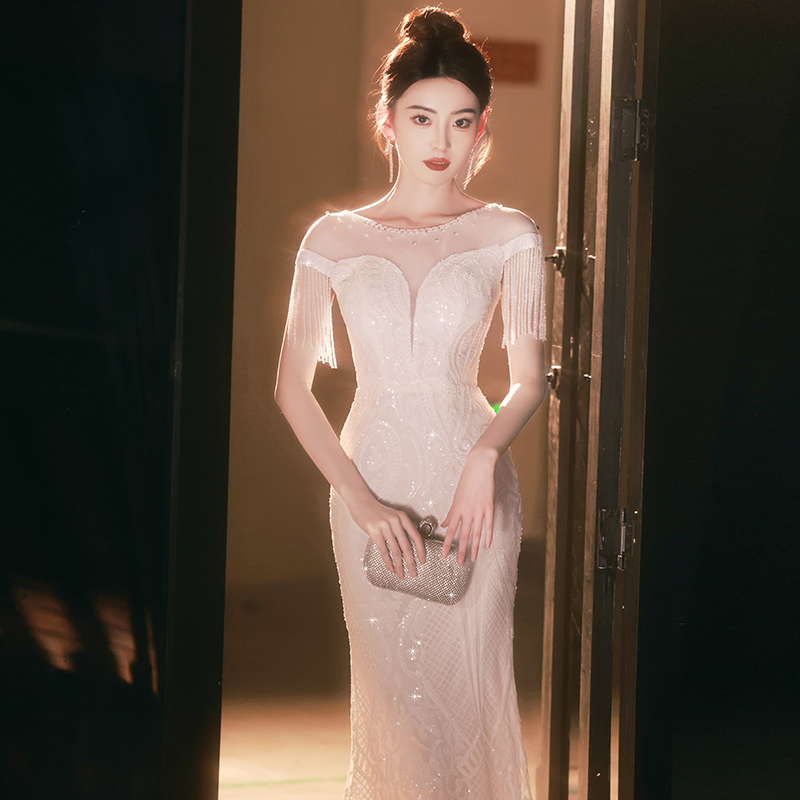Nail sequins, white elite evening dress, skirt, 