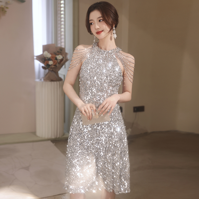 Sequined Engagement Evening Dress for Women 2026 New Style Light Luxury Niche High-End Everyday Wear Bridesmaid Dress Hostess Dress