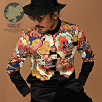 (Mens Beast Hall) Aozuo China Craze Fashion Personality Design Standout Printed Long Sleeve Shirt Man