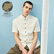 (Mens Ruins) Cloud Spectrum China Wind Chinese style standout short sleeve linen shirt Improved Tang Dress Shirt