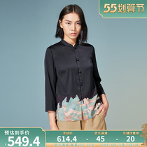 (Mustard Original) LinesCliff Chinese style Improved Collision Color Printed Tea Suit Jacket Zen jade Jade Buttoned Tangy