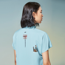 (Mustard original) listening to piano retro print design Chinese vertical collar placket sleeve modified cheongsam dress