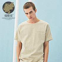 Hug a Chinese style linen round collar casual loose short sleeve T - shirt men half sleeve