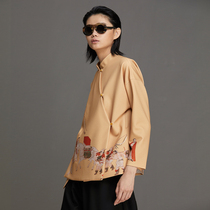 (Mustard original) sense dream Chinese style printed stand collar slant shoulder sleeve asymmetric improvement Tang suit Hanfu