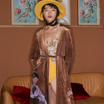 (Mustard original) poetry tired Chinese style velvet print bathrobe style improved Hanfu cardigan long coat