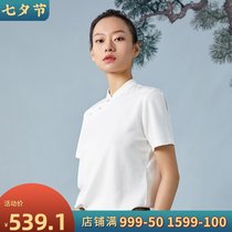 (Mustard original)Eyebrow-gathering national Tang suit Chinese style handmade plate buckle stand-up collar Hanfu short-sleeved T-shirt