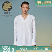 (Menswear Veterinary Hall) Remain in white China Wind Hemp V Collar Design Casual Fashion Short Long Sleeve Mens Cotton Shirt