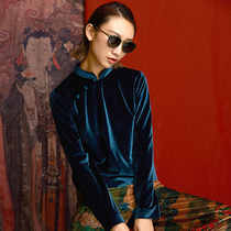 (mustard original) micro-intoxicated flap-flap buttoned velvet blouse with female mid-collar retro vintage long sleeve T-shirt