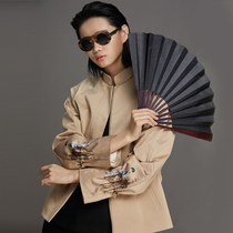 (Mustard original) Shaoguang Chinese style designer improved flared sleeve printing stitching waist drawstring jacket