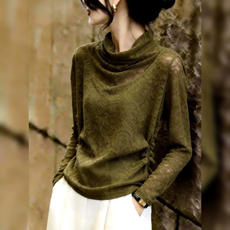 Beautiful Long-Sleeve Lace Shirt Made of Mulberry Silk for Women, Suitable for Spring and Autumn, Stylish and Age-Reducing, Versatile and Super Attractive, Can Be Worn as a Base Layer or Standalone Top