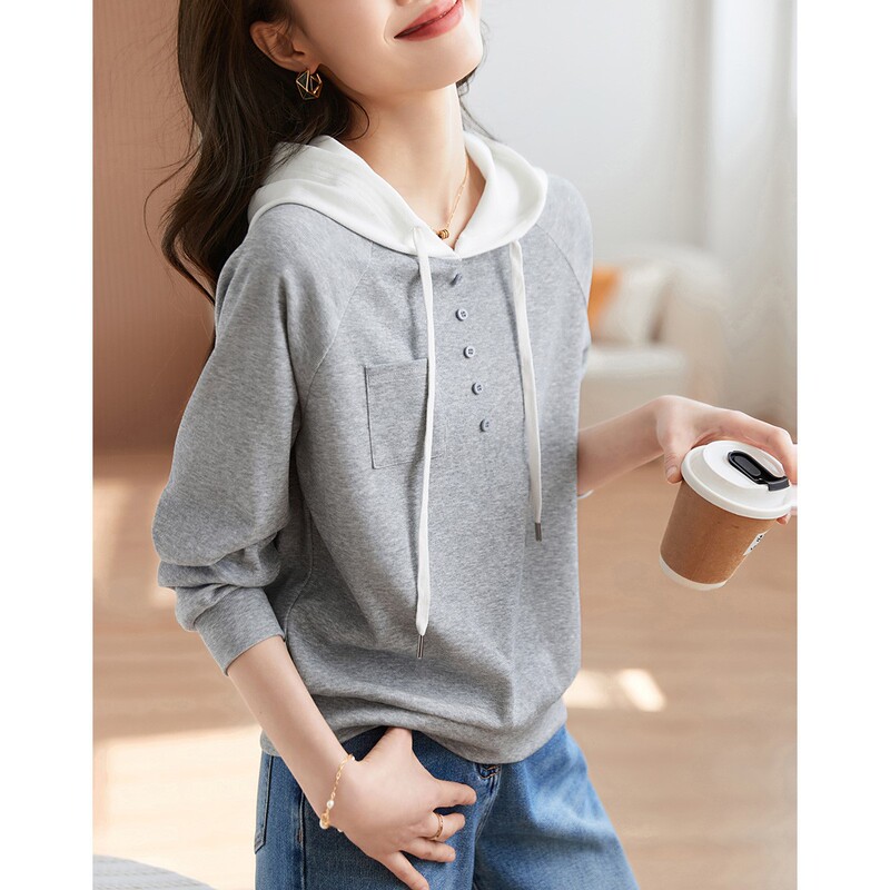 Korean Style Versatile Hooded Sweatshirt for Women, New Autumn Color-Block Hoodie, Loose Fit, Slimming, Long-Sleeved, Comfortable T-Shirt Top