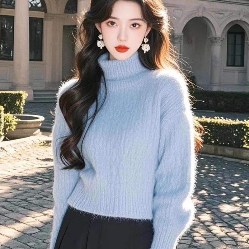 Korean Style Soft and Lazy Sky Blue Turtleneck Pure Cashmere Sweater, Versatile for Autumn and Winter, Slimming and Warm Wool Knitwear
