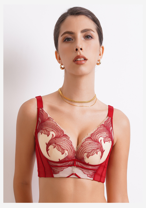 100% Feel-Like Lingerie B Cup Soft Underwire Push-Up Bra for Side Breast Adjustment, Soft Mulberry Lace Bra for Women 6059
