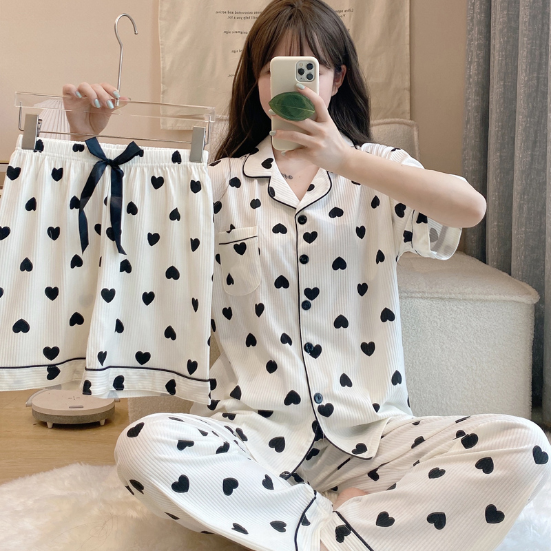 Three sets of sleepwear women Summer pure cotton short sleeves Long pants 2023 New peaches Home Residence Summer Money can be worn outside-Taobao