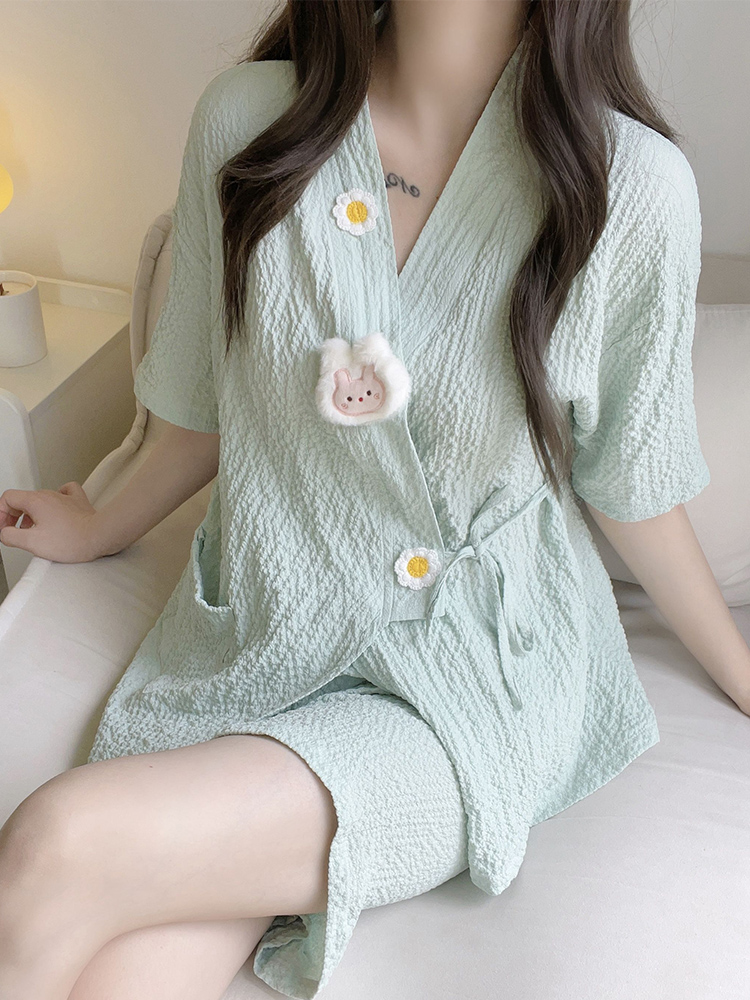 <!--绿色和服睡衣女夏天短袖网红风可爱夏季女款家居服可外穿两件套装-->