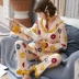 Bộ pijama nữ cổ đổ cotton nguyên chất, dịch vụ tại nhà dễ thương, cotton rời thời trang, có thể mặc bên ngoài set đồ ngủ thu đông - Cha mẹ và con