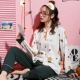 Changle Hall Pyjamas Nữ phong cách mùa xuân và mùa thu bằng vải bông tinh khiết dài tay Phong cách Hàn Quốc Bộ đồ mặc nhà mỏng mùa hè ngọt ngào - Cha mẹ và con