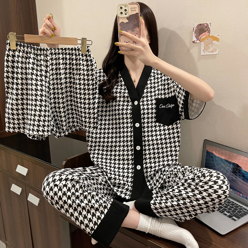 Three sets of sleepwear women Summer pure cotton short sleeves Long pants High feeling Summer 2023 The new home clothes can be worn out-Taobao