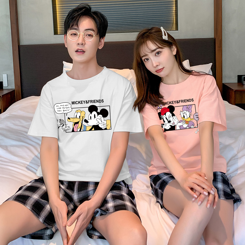 Couple pajama cô gái dễ thương Chuột Mickey ròng đỏ nổ bông cotton mùa hè mens mỏng nhà quần áo hai mảnh bộ có thể kiệt sức.