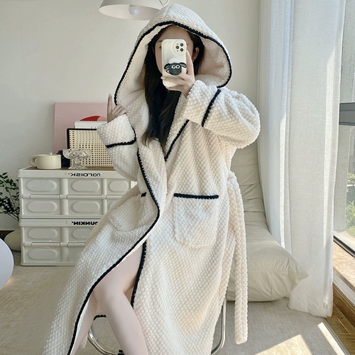 Демисезонный банный халат, длинная коралловая бархатная фланелевая пижама, 2024 года, увеличенная толщина