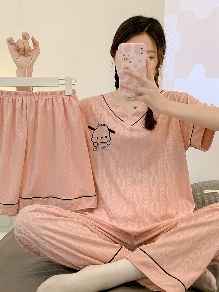 <!--女士睡衣夏季莫代尔短袖长裤三件套装夏天加肥特大码300斤家居服-->