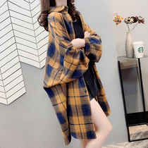 Plaid shirt woman in spring clothing 2022 new loose medium long sleeves Lazy Wind to Wear Out of Lining Clothing Tide