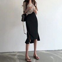 Fish tail skirt skirt skirt Womens Spring and Autumn long irregular elastic high waist split slim black hip skirt