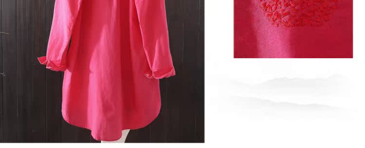 Xuân 2018 mới buông lơi cỡ lớn áo dài văn học thêu hoa cotton nữ áo dài tay bằng vải lanh áo kiểu nữ công sở