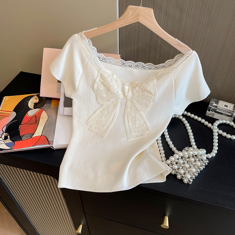 Lym Studio Embroidered Bow Lace Short-Sleeved Top for Women Summer Slim Fit Off-Shoulder Knitwear