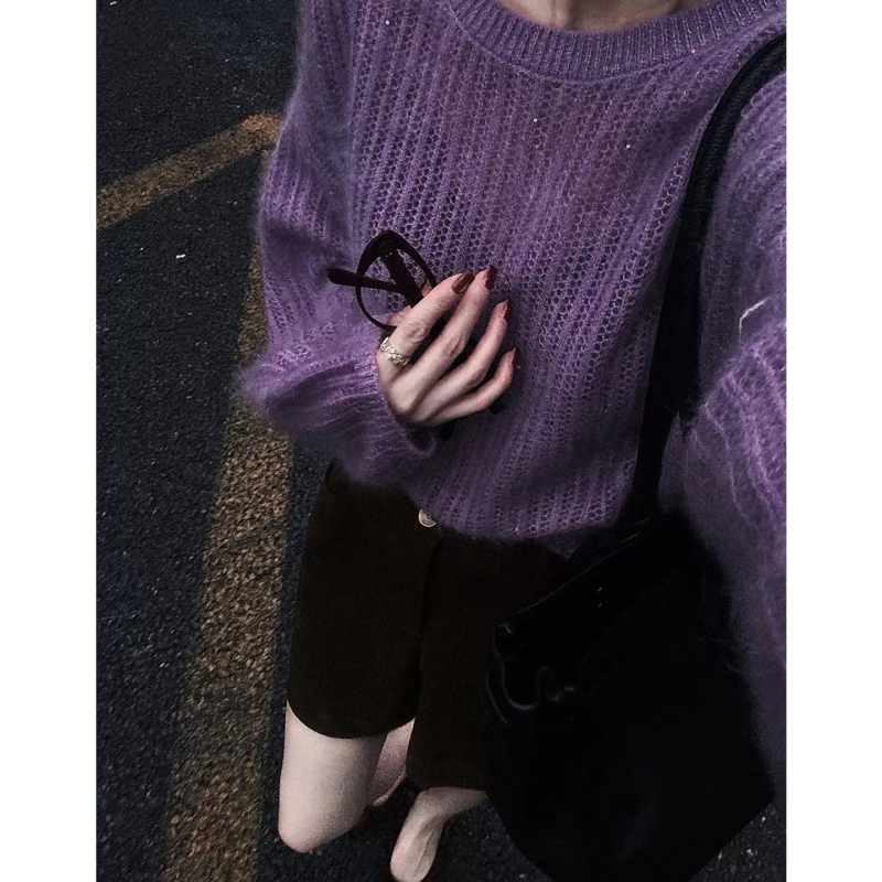 Hazy Hollow-Out Mohair Sweater for Women, Early Autumn Loose and Lazy Style, Round Neck, Versatile, Slightly Sheer, Soft and Cozy Knit Top
