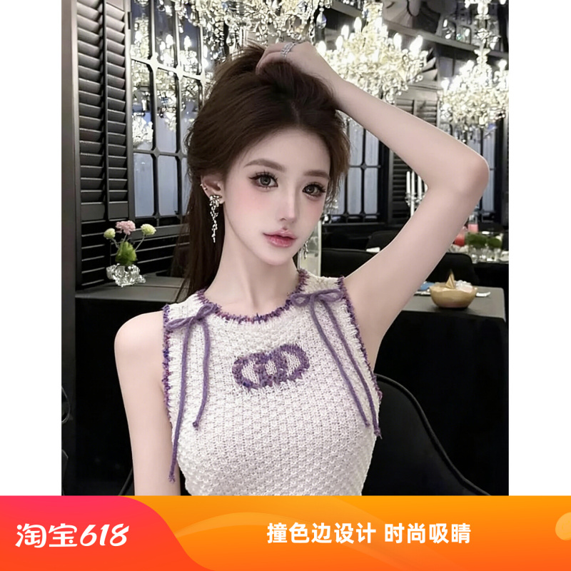 Lym Studio Small Chanel-Style Color-Blocked Knitted Sleeveless Vest for Women, Versatile Spring Top with Bow Decoration
