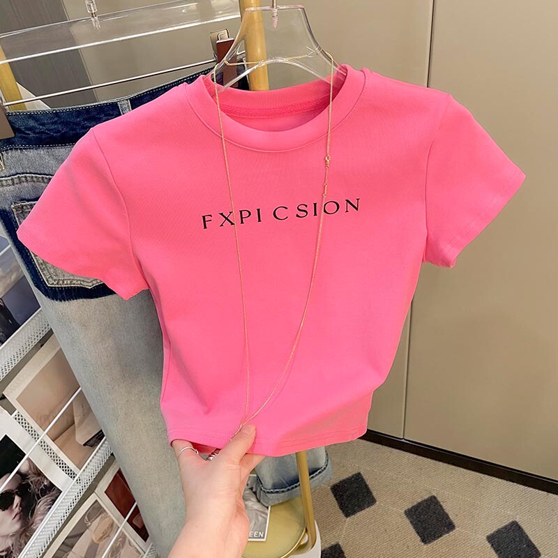 Tight-Fitting Short-Sleeved Letter T-Shirt for Women, Summer New Style, Bella Style Retro Design, Short Hot Girl Pullover Top, Trendy