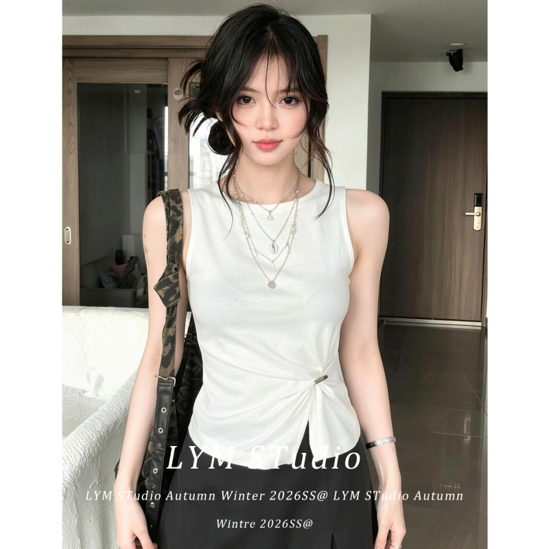 Lym Studio Simple Style Sleeveless Twist Top for Women, White Waist-Cinching Slim-Fit Elegant T-Shirt Lym Studio Simple Style Sleeveless Twist Top for Women, White Waist-Cinching Slim-Fit Elegant T-Shirt