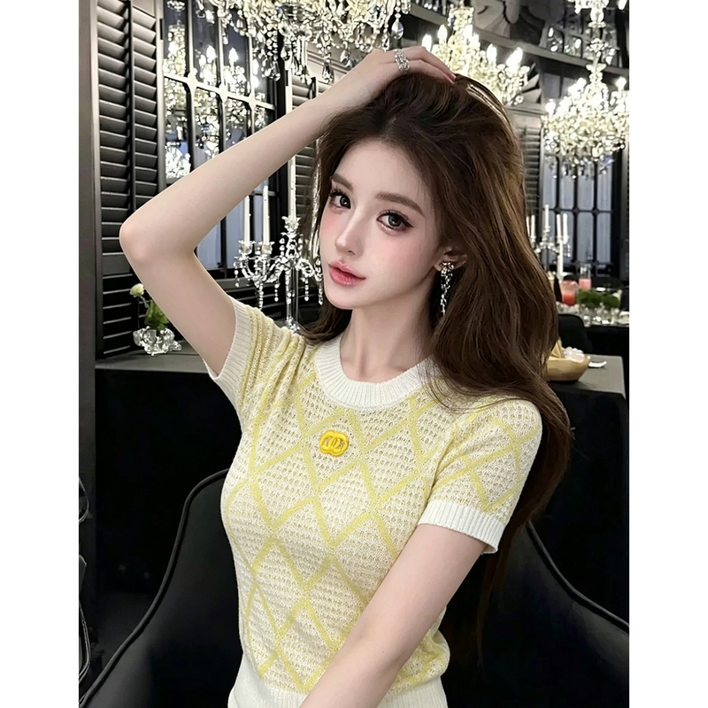 Lym Studio Contrast Color Short Sleeve T-Shirt for Women, Summer Slim Fit Round Neck Simple Knitted Top, Yellow Lym Studio Contrast Color Short Sleeve T-Shirt for Women, Summer Slim Fit Round Neck Simple Knitted Top, Yellow