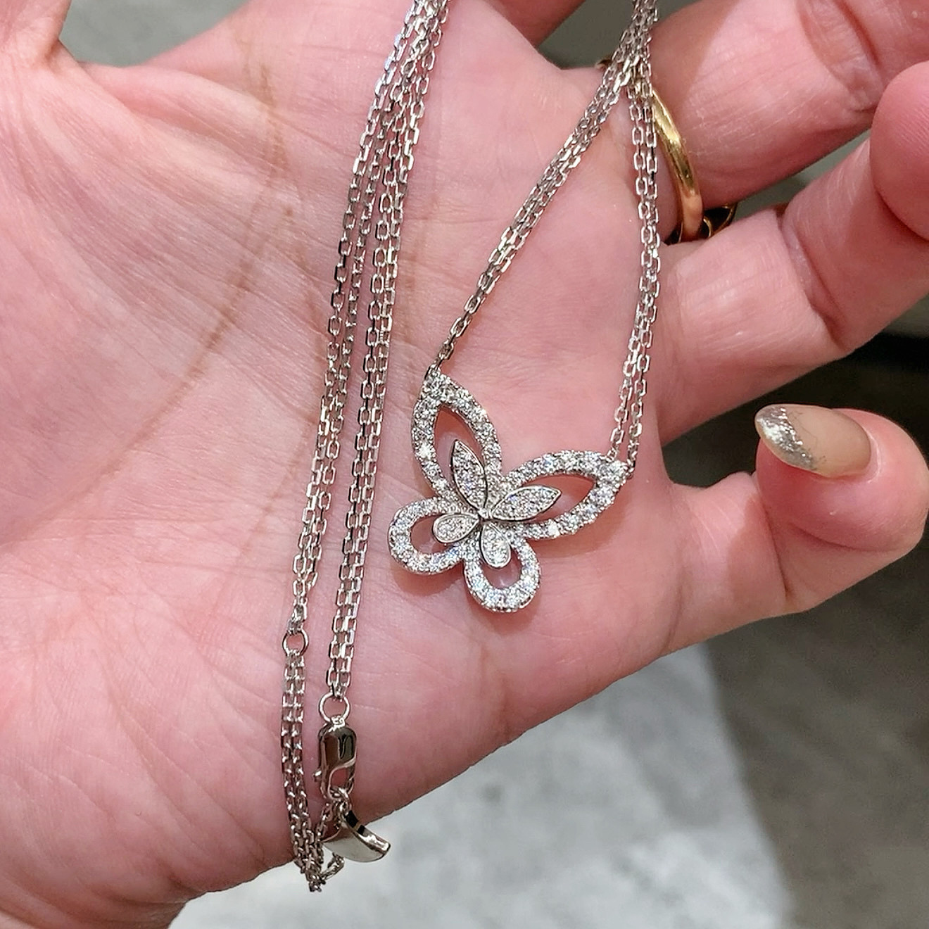 Серебряное ожерелье 幻影蝴蝶单花大号双层项链镂空蝴蝶满钻镶嵌s925 手工微镶18k Other home