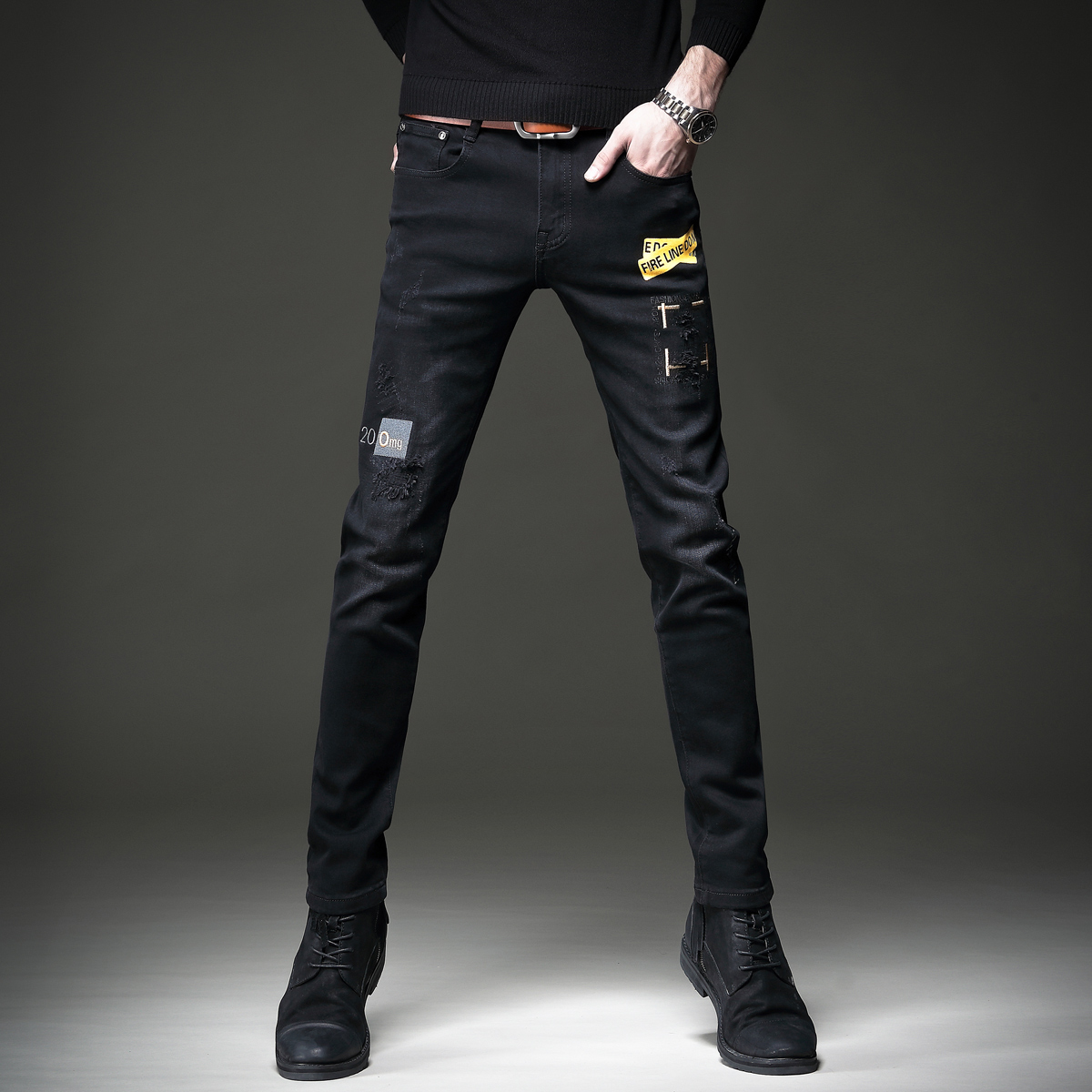 Embroidered jeans for men popular logo print slim black trousers with small feet Korean fashion personality patch casual trousers