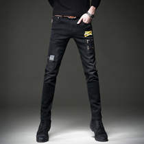 Embroidered jeans Mens Tide Brand Printed Slim Small Feet Black Pants Korean Fashion Personality Patch Casual Pants