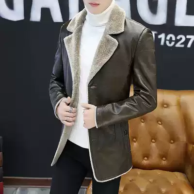 Medium and long version of leather men winter plus velvet thickened Korean trend youth slim handsome handsome warm leather fur one coat