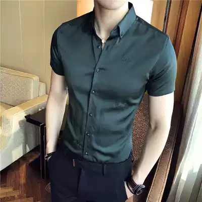 Silk shirt men's Mulberry Silk solid color short sleeve summer Korean version of slim Joker young handsome non-ironing shirt men