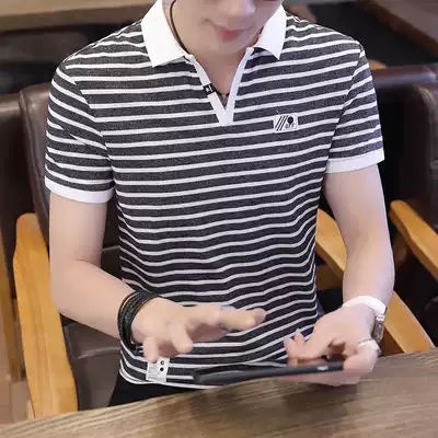 Black and white striped polo shirt short sleeve men's collar t-shirt trend Korean version of slim personality summer half sleeve lapel men's clothing