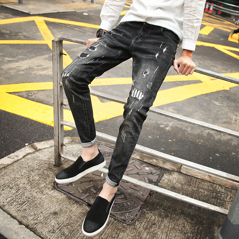 2020 new fashion brand men's ripped nine-point jeans slim small feet stretch Korean version personality beggar pants men