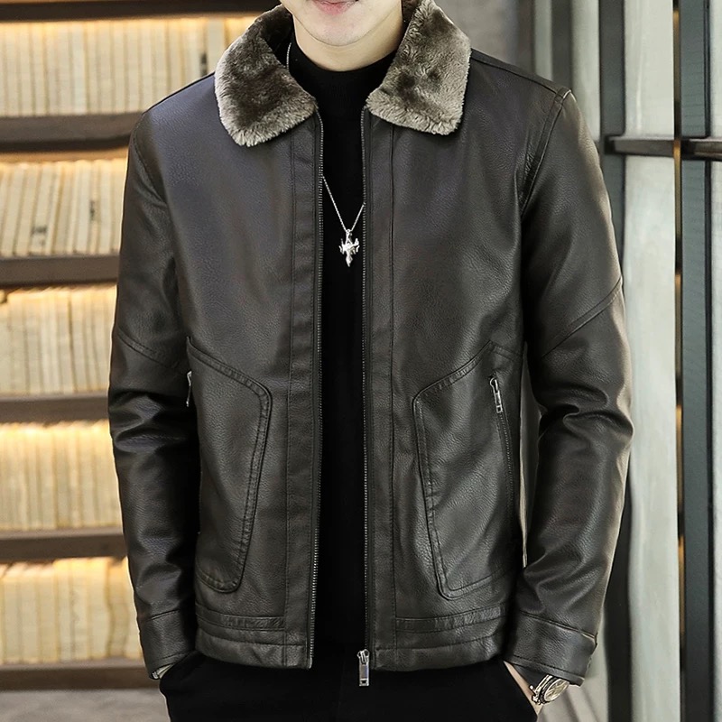 Men's leather jacket plus velvet thickened winter lamb wool trendy lapel handsome genuine leather short fur coat for men