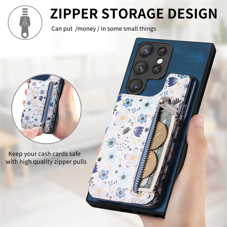 Girls Chic Stylish Flower Zipper Card Holder Kickstand S23, S23 Plus, S23 Ultra, S22, S22 Plus, S22 Ultra, S21, S21 Plus, S21