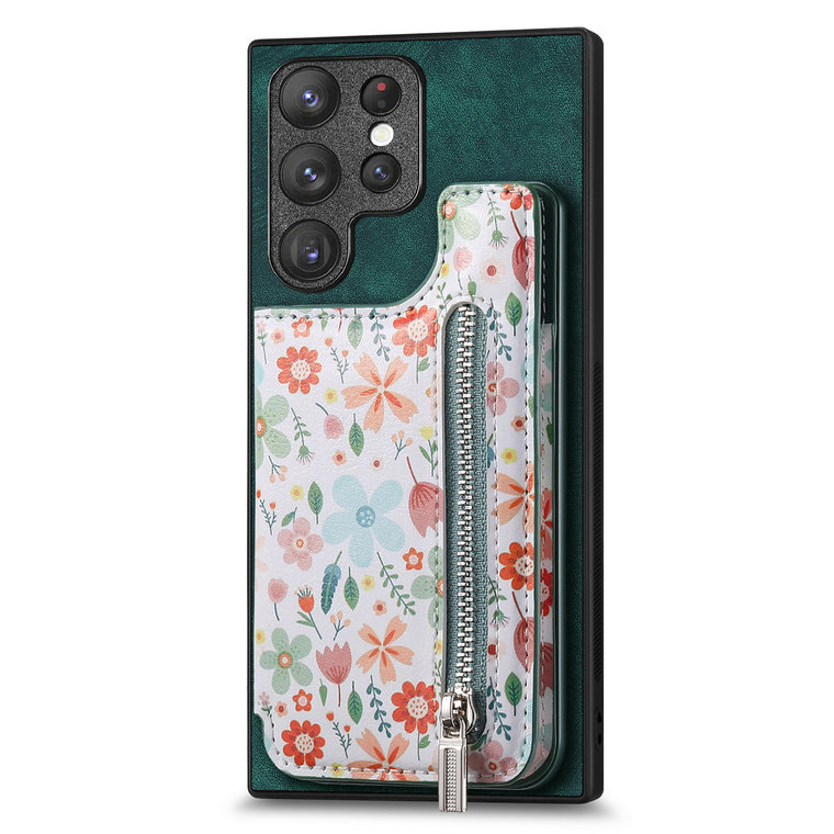 Girls Chic Stylish Flower Zipper Card Holder Kickstand S23, S23 Plus, S23 Ultra, S22, S22 Plus, S22 Ultra, S21, S21 Plus, S21